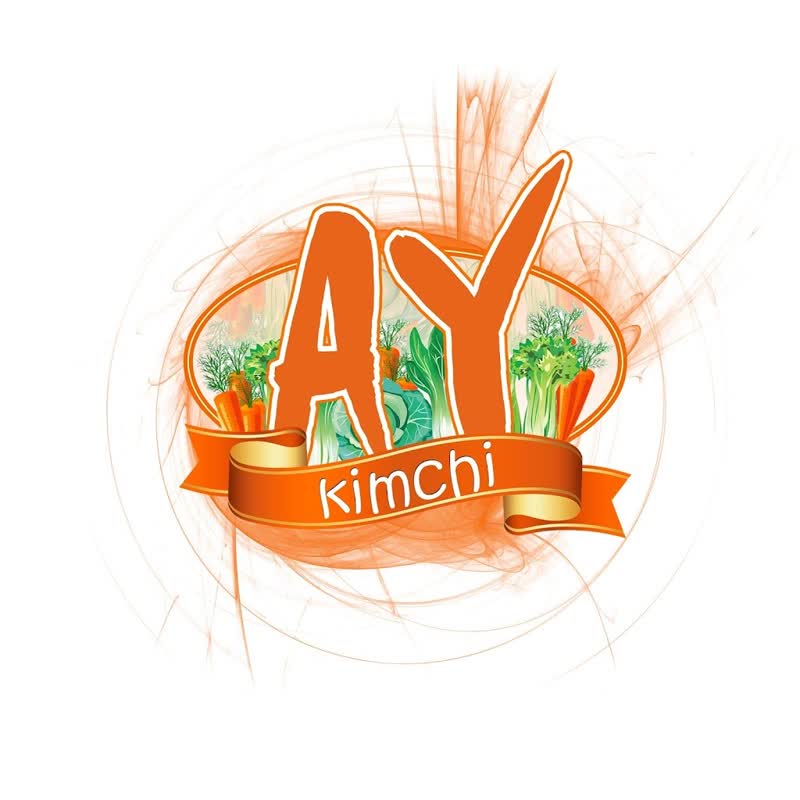 Ilustrasi kimchi dengan sayuran dan tulisan AY kimchi.