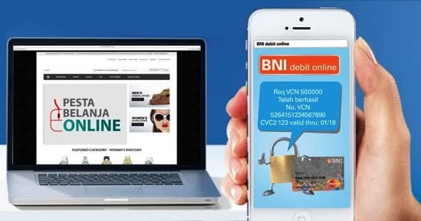 Grafik promo Pesta Belanja Online BNI dengan gambar ponsel.