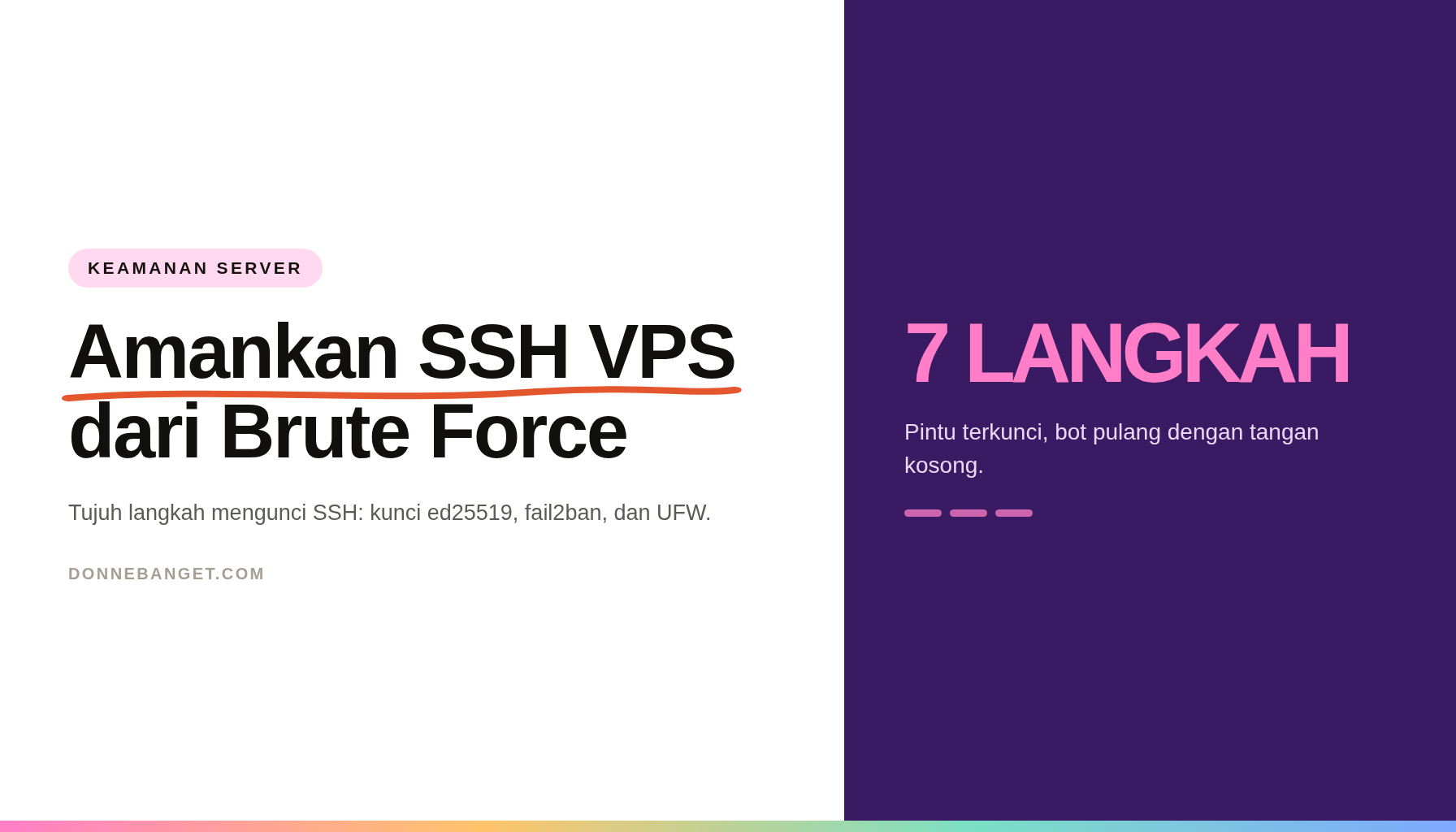 Kartu editorial dengan judul Amankan SSH VPS dari Brute Force, panel ungu berisi tulisan 7 LANGKAH