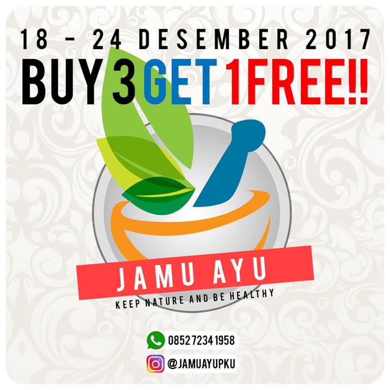 Grafik promo Buy 3 Get 1 Free dengan gambar botol jamu dan logo Jamu Ayu.