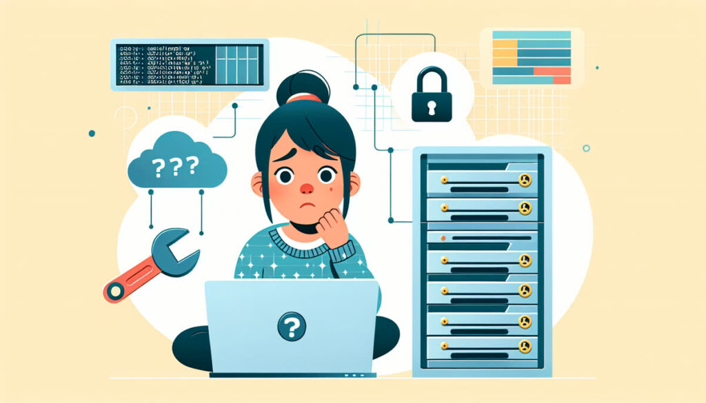 Ilustrasi pemula mengelola server: seorang perempuan di depan laptop dikelilingi ikon keamanan dan server.