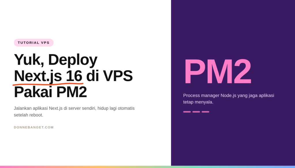 Kartu editorial bertuliskan judul tutorial deploy Next.js 16 di VPS pakai PM2 dengan panel ungu bertuliskan PM2