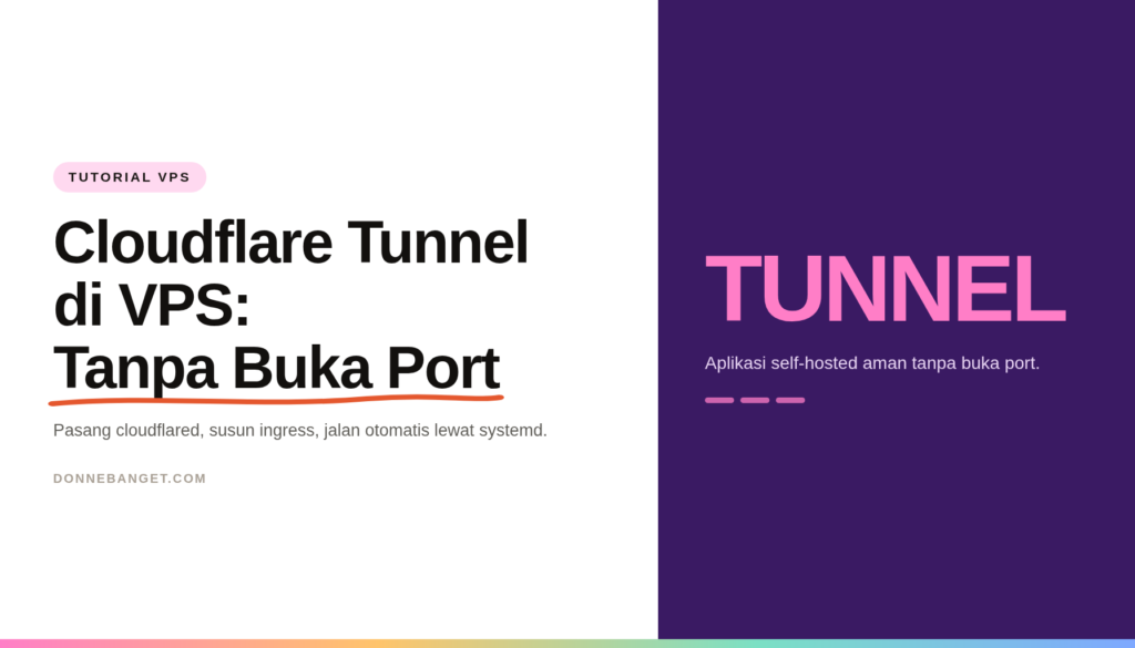Kartu editorial ungu bertuliskan Cloudflare Tunnel di VPS: Tanpa Buka Port