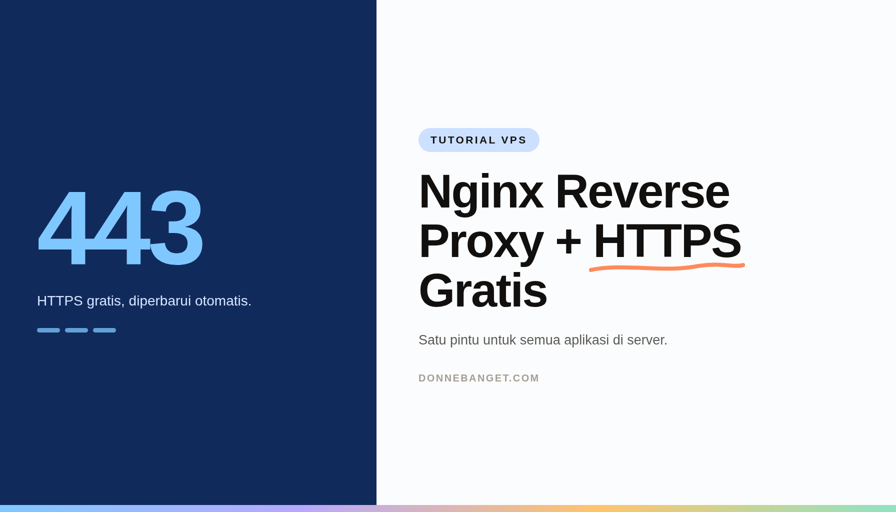 Kartu editorial bertuliskan Nginx Reverse Proxy + HTTPS Gratis dengan angka 443 di panel biru.