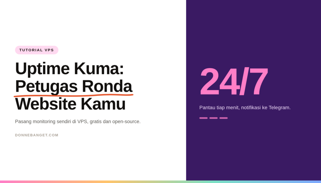 Kartu artikel Uptime Kuma dengan angka 24/7 di panel ungu bertuliskan notifikasi ke Telegram.