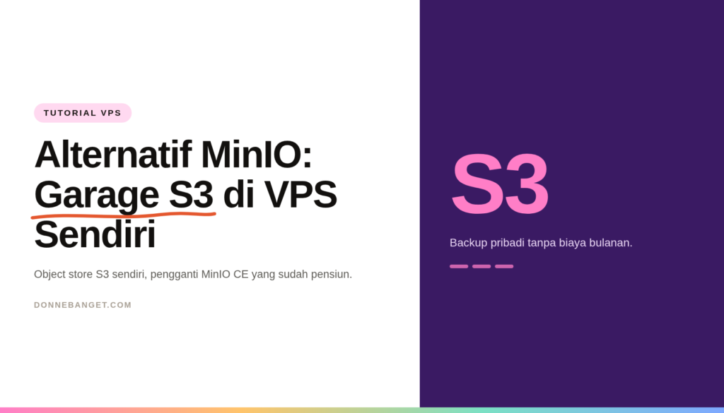 Kartu artikel bertema Alternatif MinIO: Pasang Garage S3 di VPS Sendiri, dengan panel ungu berisi tulisan S3