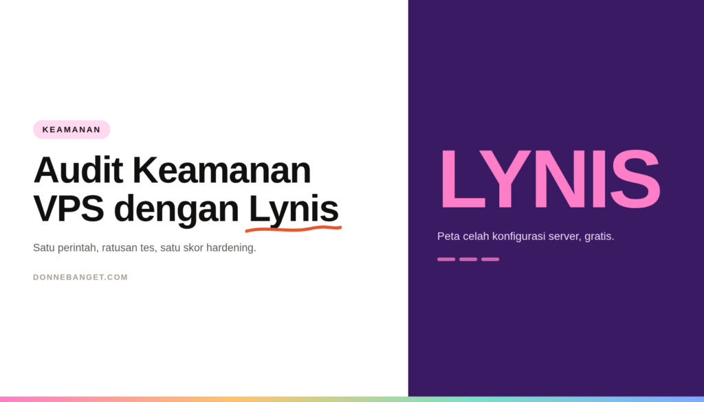 Kartu artikel bertema audit keamanan VPS dengan Lynis, panel ungu besar bertuliskan LYNIS.
