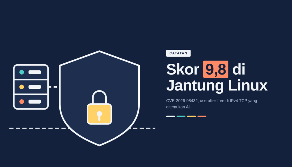 Kartu editorial bergaya datar: ilustrasi server dan gembok perisai di kiri, judul Skor 9,8 di Jantung Linux di kanan, label CATATAN