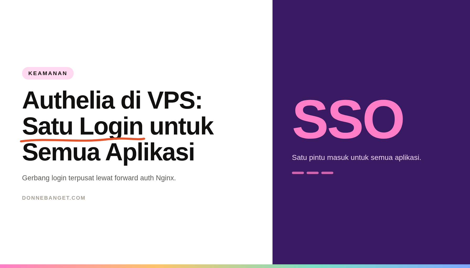 Kartu artikel bertuliskan Authelia di VPS: satu login untuk semua aplikasi, dengan panel ungu bertuliskan SSO.