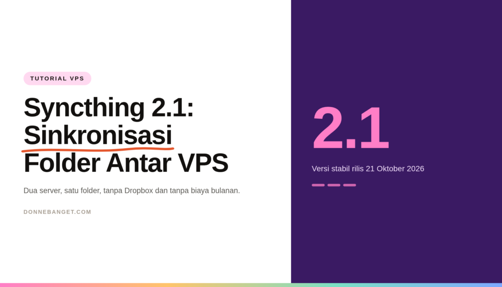 Kartu artikel Syncthing 2.1: Sinkronisasi Folder Antar VPS dengan panel ungu bertuliskan 2.1