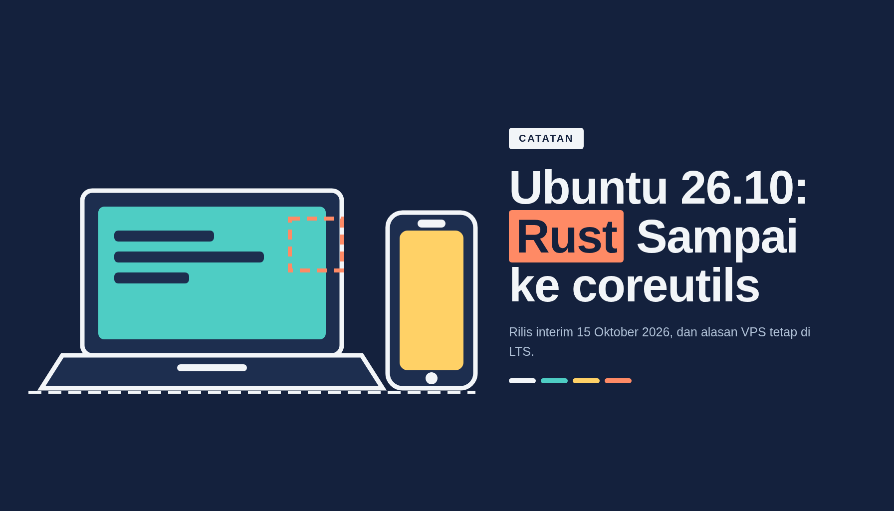 Kartu artikel Ubuntu 26.10 bergaya editorial dengan label CATATAN dan judul tentang coreutils Rust.