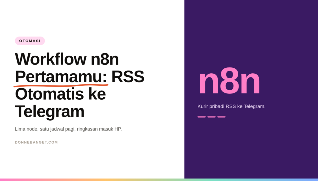 Kartu editorial bertema workflow n8n: panel ungu dengan tulisan n8n, judul Workflow n8n Pertamamu RSS Otomatis ke Telegram