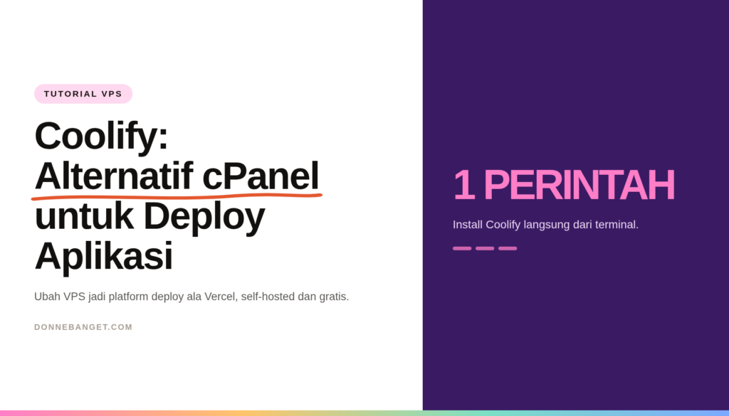 Kartu editorial ungu bertuliskan Coolify: Alternatif cPanel untuk Deploy Aplikasi