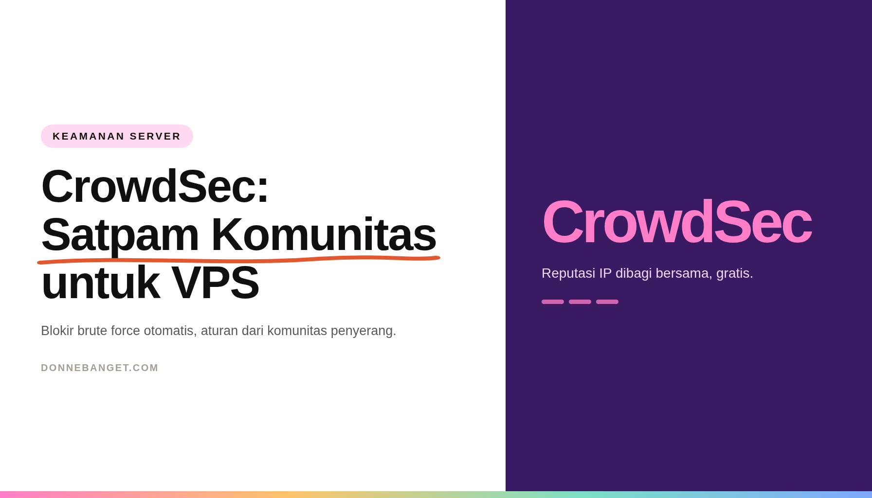 Kartu artikel bertuliskan Judul CrowdSec Satpam Komunitas untuk VPS dengan panel ungu di sisi kanan