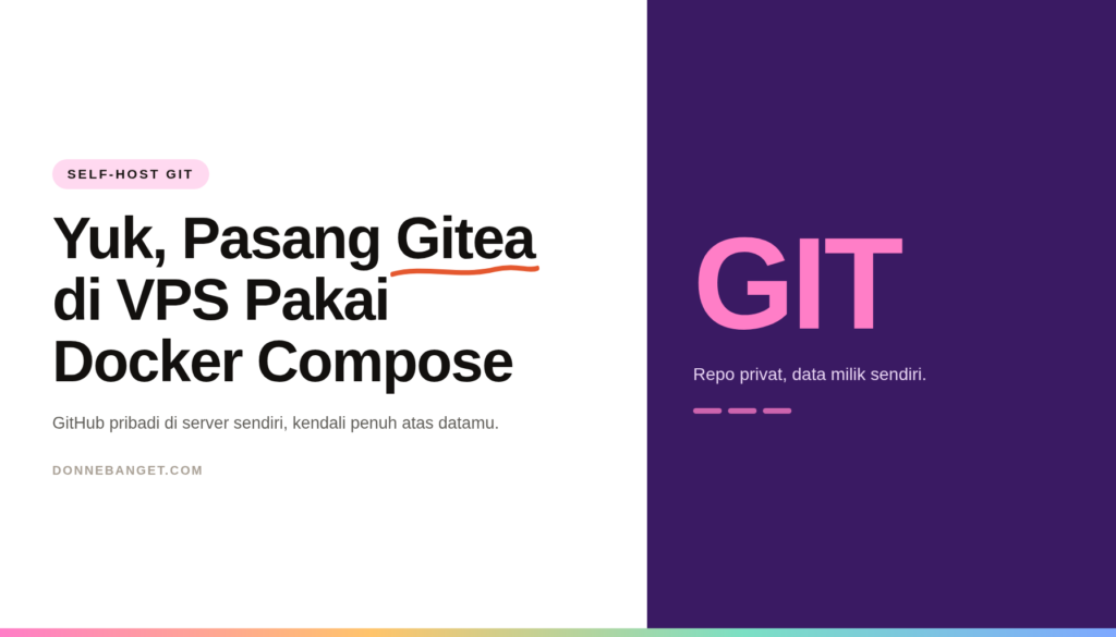 Kartu artikel self-host Git: cara pasang Gitea di VPS pakai Docker Compose, panel ungu bertuliskan GIT.