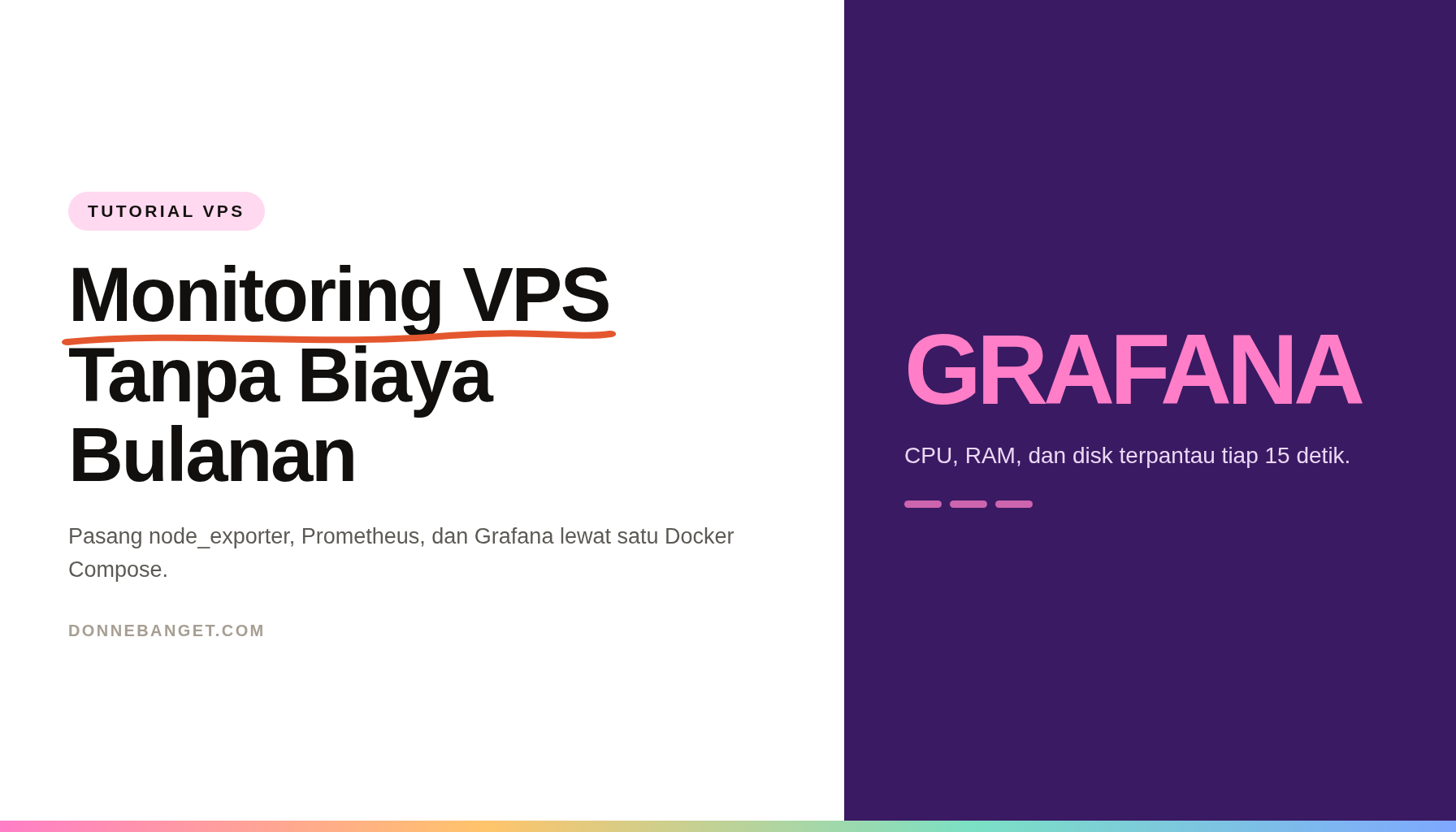 Kartu artikel bertuliskan Monitoring VPS Tanpa Biaya Bulanan dengan panel ungu bertuliskan Grafana