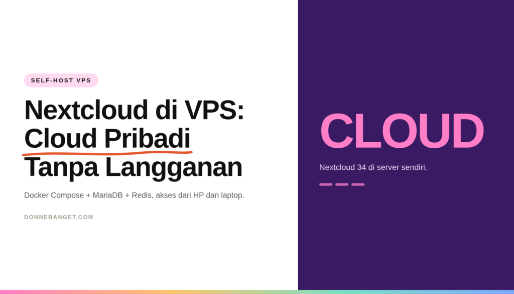 Kartu editorial bertema Nextcloud di VPS: panel ungu dengan kata CLOUD, menandai panduan self-host cloud pribadi pakai Docker Compose.