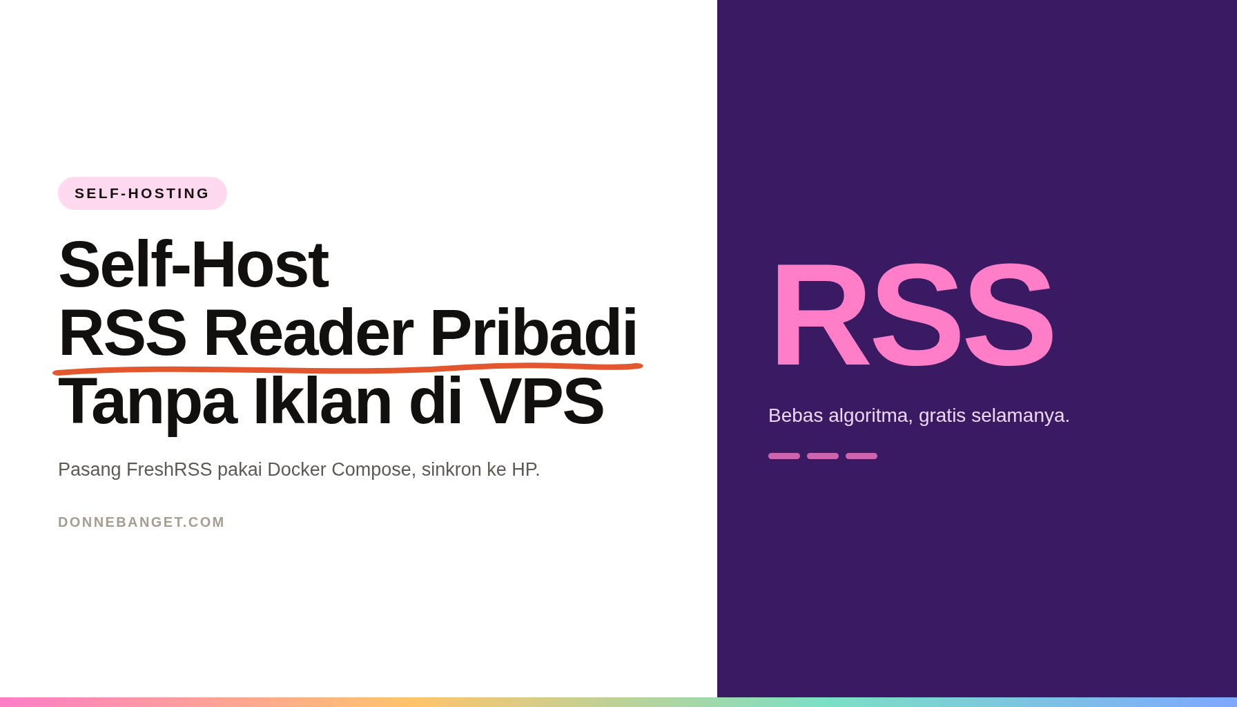 Kartu judul artikel FreshRSS di VPS dengan panel ungu bertuliskan RSS