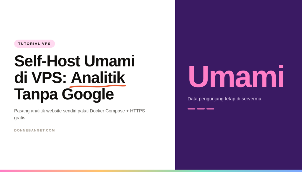 Kartu ungu bertuliskan Umami dengan judul panduan self-host Umami di VPS untuk analitik website sendiri